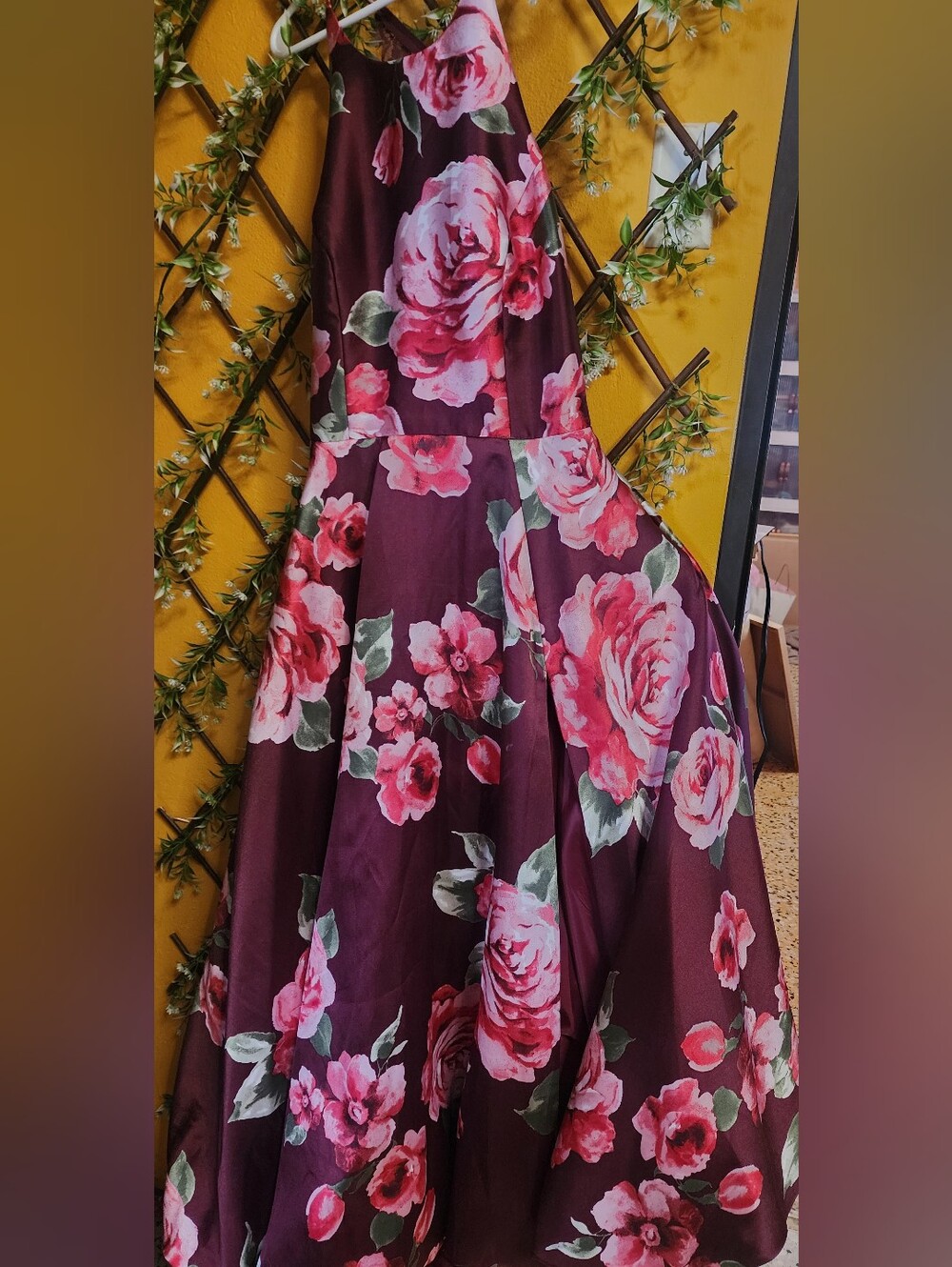 B. Smart Burgundy Halter Gown with Pink Rose Print
